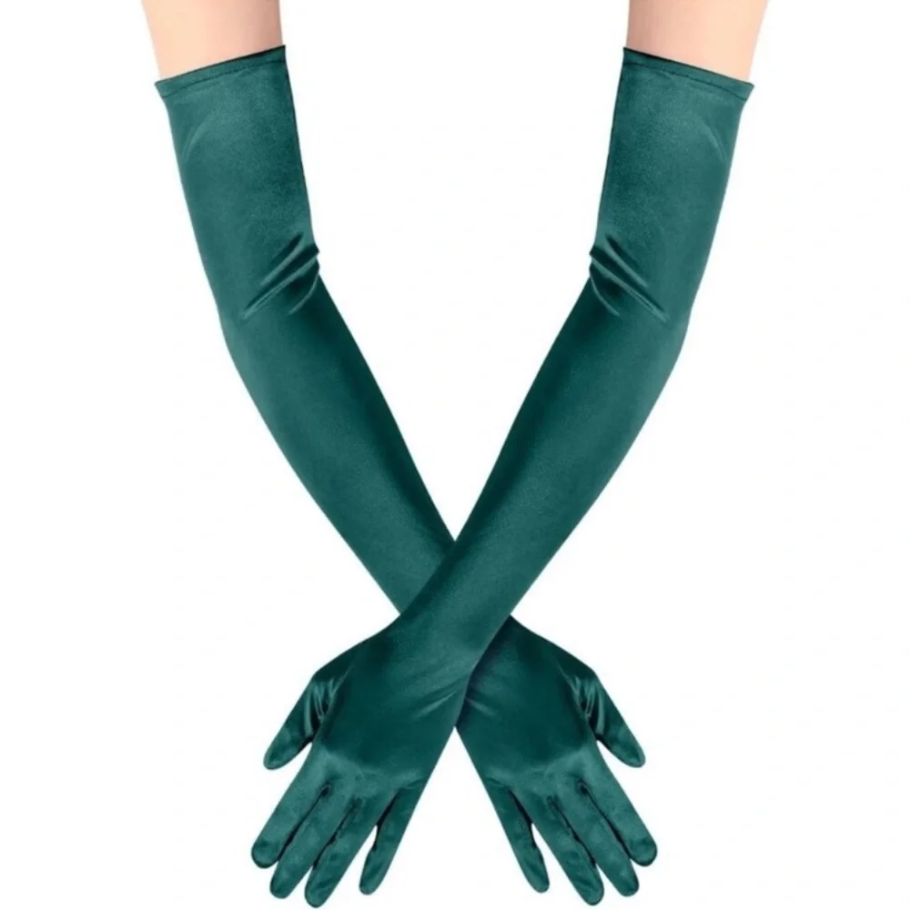 Women's Satin Dark Green Long Gloves Costumes Elbow Length Evening Party Prom